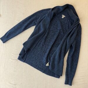 LL Bean Womens Medium Petite Navy Blue Cotton Open Front Cardigan Sweater